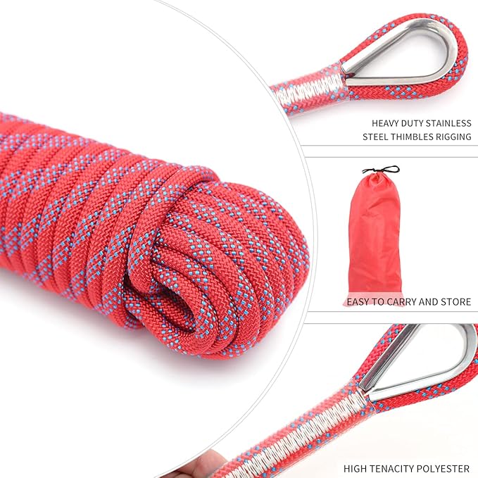 10mm/12mm Climbing Rope, Outdoor Static Rock Climbing Rope, Tree Climbing Rappelling Rope, Escape Nylon Rope, Ice Climbing Equipment Fire Rescue Parachute Rope with 2 Steel Hooks