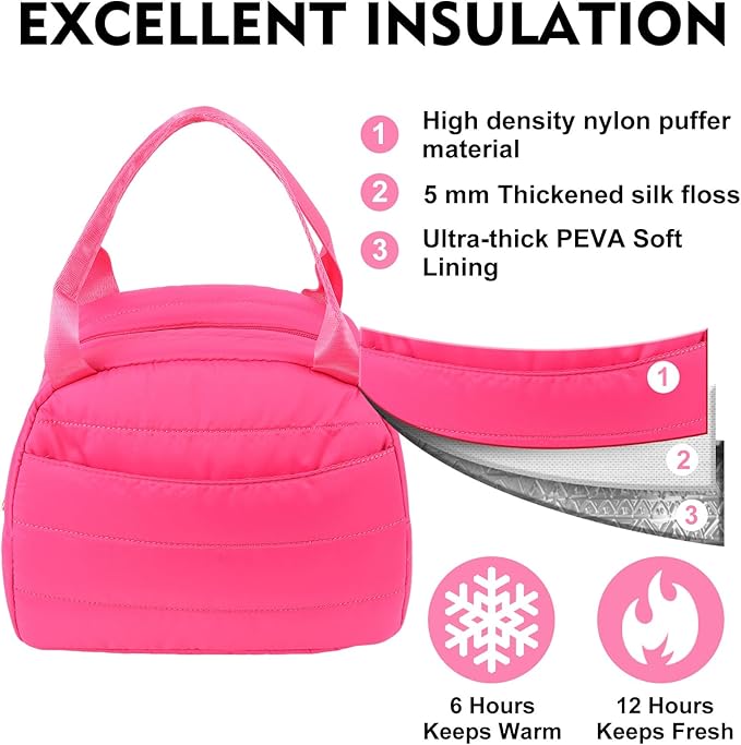 Lunch Bag Lunch Box for Women Men Adult Insulated Cute Small Quilted Puffer Lunchbox Reusable Thermal Lunch Cooler Tote Bag for Work, Picnic or Travel-Pink
