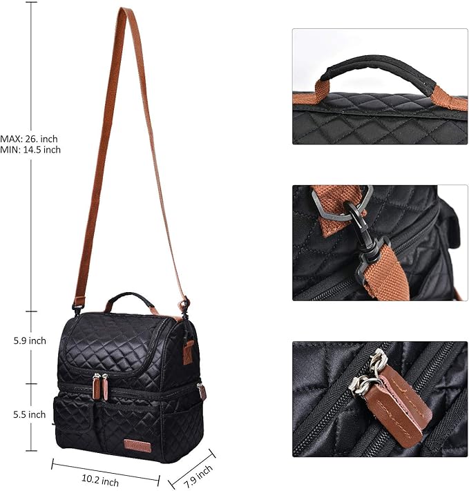 LOKASS Lunch Bags for Women Double Deck Insulated Lunch Box Large Cooler Tote Bag with Removable Shoulder Strap Wide Open Thermal Meal Prep Lunch Organizer for Men Adults Work Picnic, Black-Square