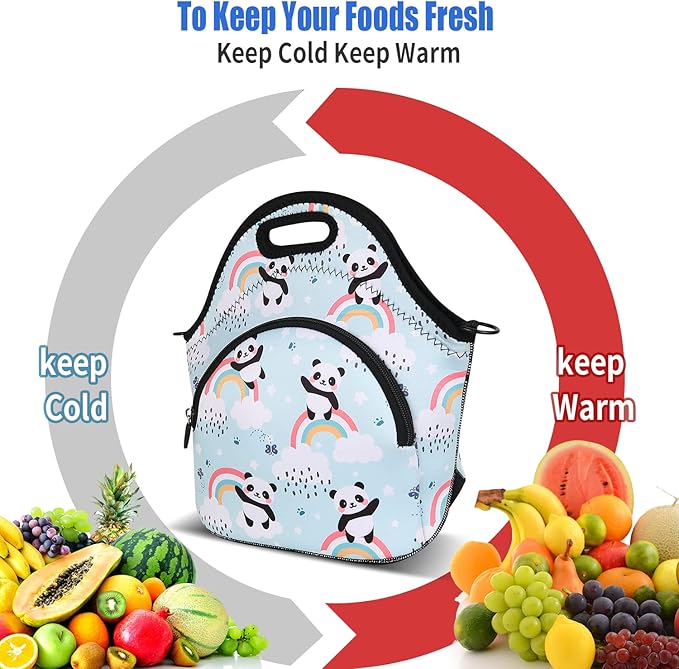 Violet Mist Neoprene Lunch Bag Reusable Insulated Lunch Box with Adjustable Shoulder Strap&Pocket for Women,Men,Adults,Cute Cartoon Panda Snack Bags Anime Animal Work Picnic Travel Tote Food Handbags