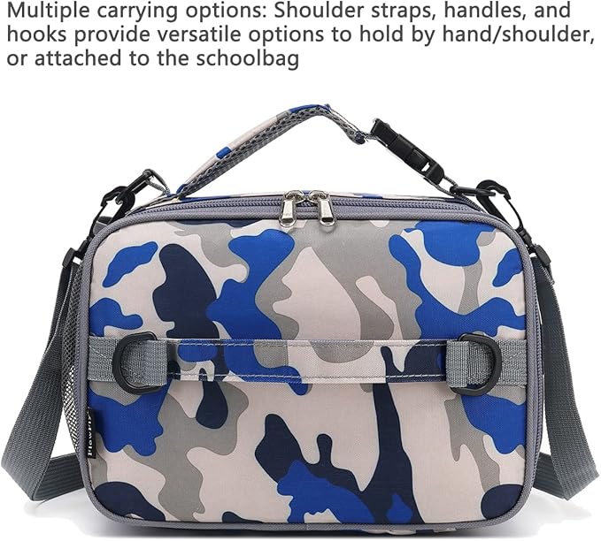 FlowFly Kids Lunch Bag, Durable Insulated School Lunch Box with Shoulder Strap and Bottle Holder, Water-resistant Thermal Small Lunch Cooler Tote for Teen Boys & Girls,Blue Camo