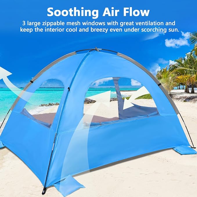 NXONE Beach Tent Sun Shade Shelter for 6 Person with UV Protection, Extended Floor, 3 Mesh Roll Up Windows & 8.5mm Fiberglass Rods丨Carry Bag Included (Sky Blue)