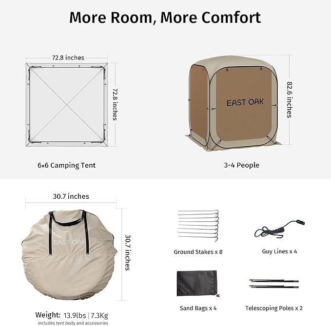 East Oak 6×6 FT Pop Up Canopy Tent with Mesh | Outdoor Screen House with 4 Sunshades | Instant Canopy with Portable Carry Bag | Gazebo Tent for Camping, Patio, and Beach | Beige