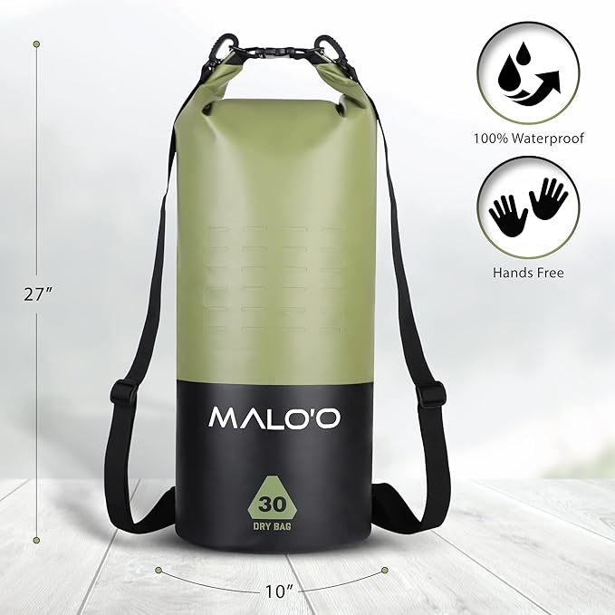 Malo’o 30L Heavy Duty 100% Waterproof Roll-Top Dry Bag Backpack – Keeps Gear Dry for Fishing, Rafting, Kayaking, Beach, Boating, Hiking, and Camping - Travel Safe - Easy To Use Dry Bag Backpack