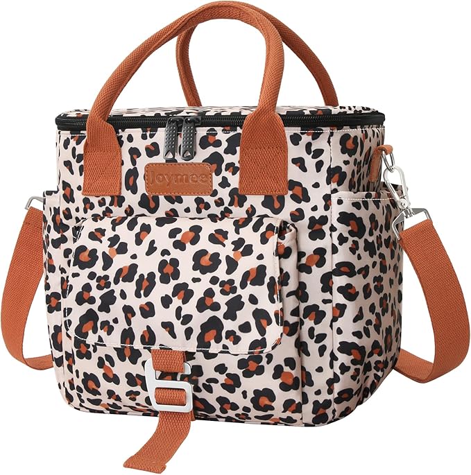Joymee Insulated Lunch Bag for Women/Men, Waterproof Lunch Box for Office Work Picnic Beach, Reusable Large Leakproof Cooler Tote Bag with Adjustable Shoulder Strap & Side Pocket, Leopard Print