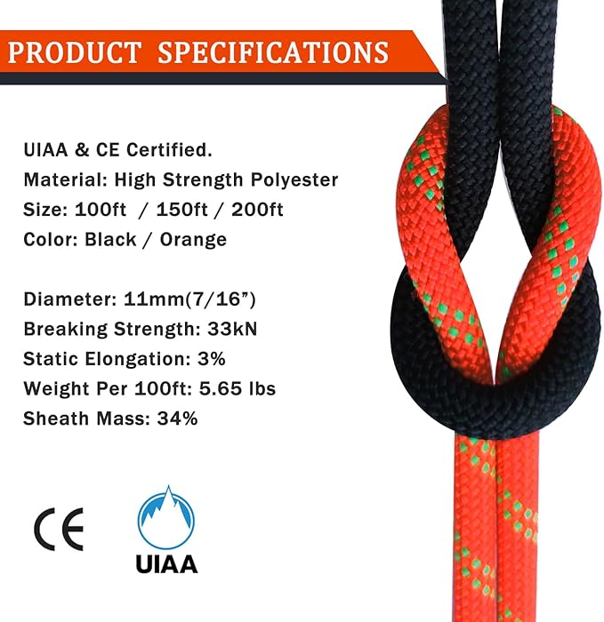 Ritafc Static Climb Rope UIAA Rappelling Rope 11mm 150FT Static Line Nylon Kern for Rocking, Mountain Tree, Hauling, Rescue