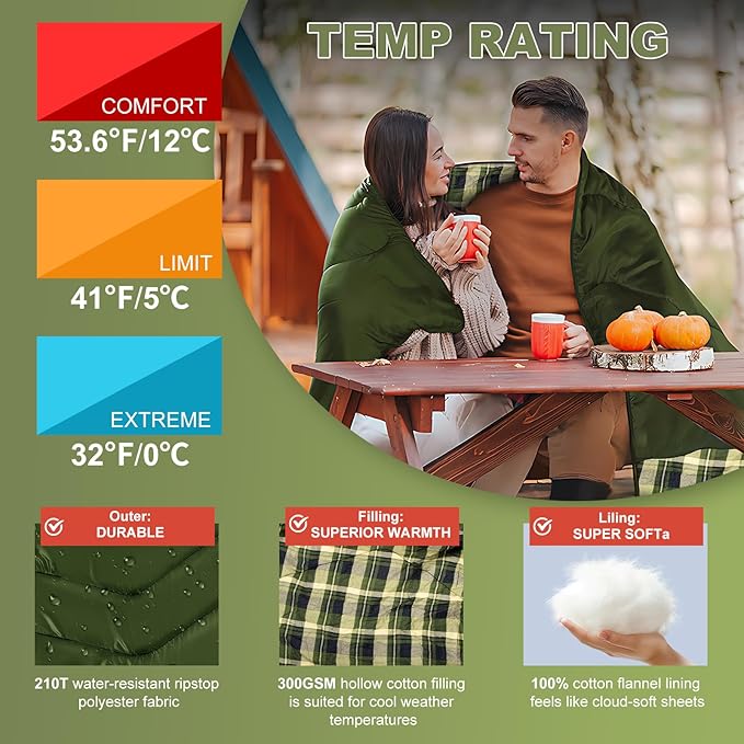 Double Sleeping Bag for Adults Kids Camping, XL Queen Size Sleeping Bags for 2 Person All Season Hiking Backpacking, Lightweight Waterproof with Compression Sack