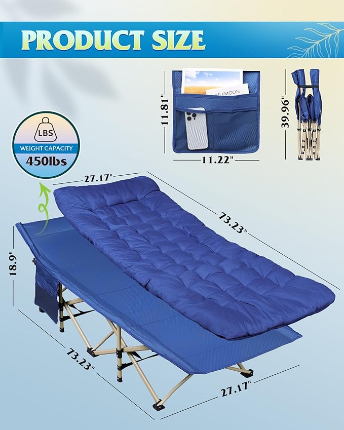 WLIVE 1200D Double Layer Oxford Camping Cots for Adults, Folding Cots for Sleeping with Mattress, Outdoor Folding Bed with Carry Bag, Portable Camping Bed for Sleeping, Resting, Camping, Dark Blue