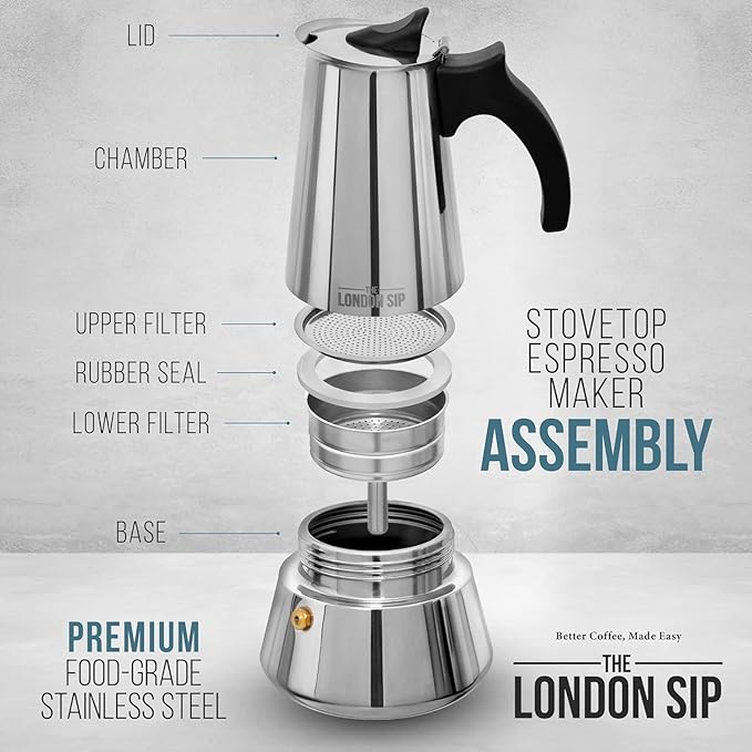 London Sip Stainless Steel Stovetop Espresso Maker Moka Pot Italian Coffee Percolator, Matte Black, Small (5.07 oz)