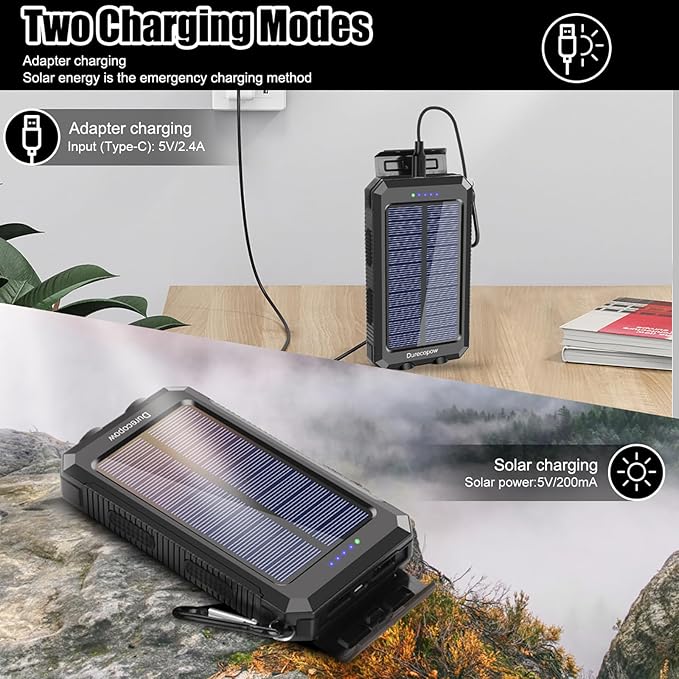 Solar Charger Power Bank, 20000mAh Portable Outdoor Waterproof Solar Battery Charger, Camping External Backup Battery Pack USB C Ports Input/Output, 2 Led Light Flashlight with Compass (Black)