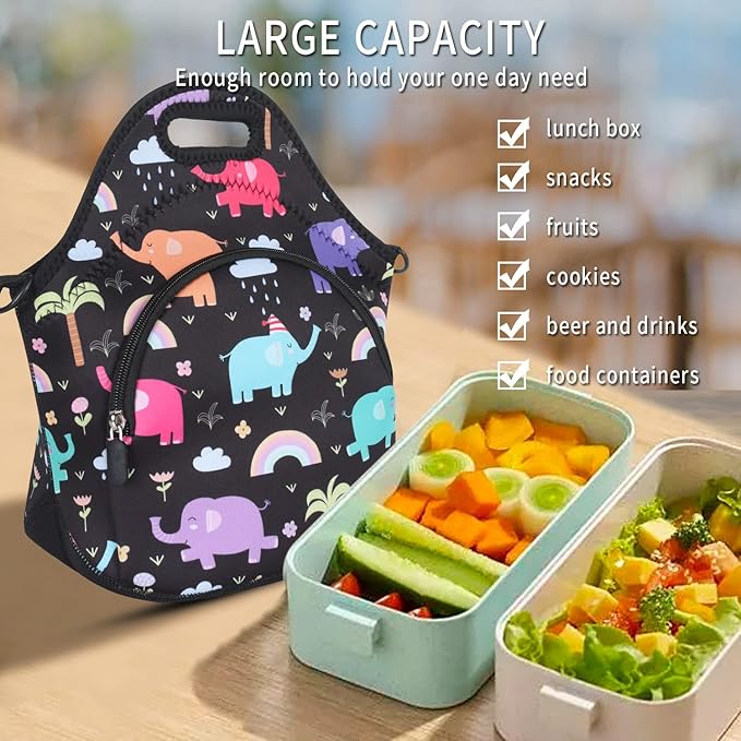 Violet Mist Neoprene Lunch Bag Reusable Insulated Cartoon Elephant Snack Bags, Unisex, 12.6"L x 11.8"H x 6.3"W, Non-Toxic, Eco-Friendly, Durable, Adjustable Shoulder Strap