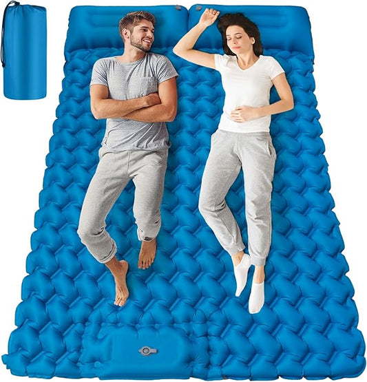 Inflating Sleeping Pad Mattress for Camping: Inflatable Camping Bed with Built-in Foot Pump for Tent - 4" Extra Thick Mat Air Cot for Floor - 2 Person Blue