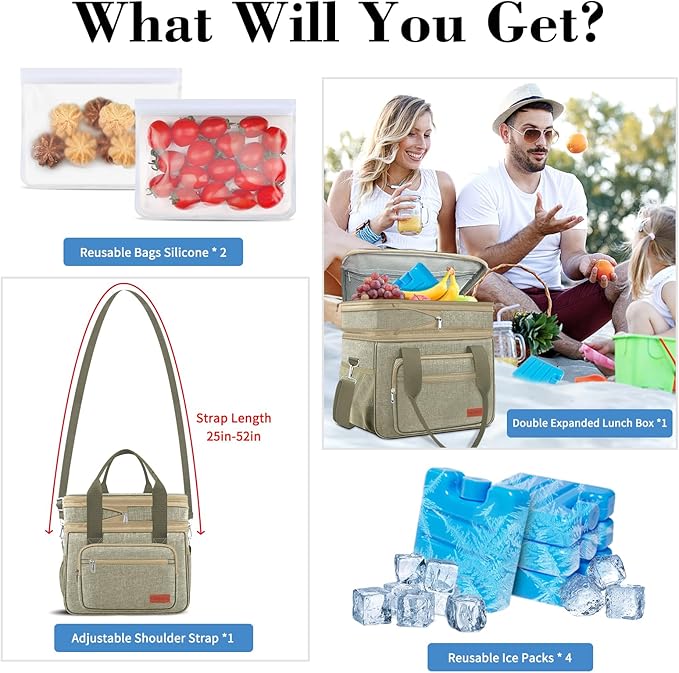 Expandable Insulated Large Cooler Lunch Box for Men 23L Heavy Duty Double Deck Leakproof Lunch Bag with 4 Ice packs&8 Snack Bags for Adult/Construction/Women/Work/Picnic/Camping -Khaki