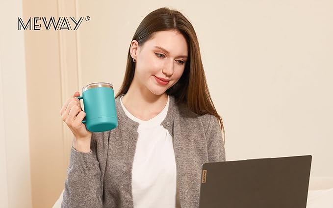 MEWAY 12oz Coffee Mug With Handle and Sliding Lid,Stainless Steel Travel Tumbler Cup with Handle,Double Wall Vacuum Insulated Camping Cup for Hot & Cold Drinks Tea (Light Green,Set of 1