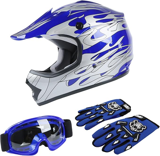 TCT-MOTORPARTS DOT Youth Helment Kids Four Wheeler Riding Helmet Motocross ATV Helmets Offroad Street Dirt Bike Go-Kart BMX MX Full Face Helmet Blue Flame X-Large Size