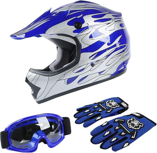 TCT-MOTORPARTS DOT Youth Helment Kids Four Wheeler Riding Helmet Motocross ATV Helmets Offroad Street Dirt Bike Go-Kart BMX MX Full Face Helmet Blue Flame X-Large Size
