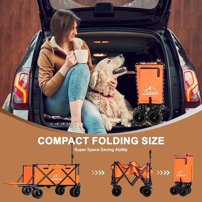 Collapsible Beach Wagon Cart with Big Wheels, 440LBS Upgrade Large Capacity Folding Wagon, Foldable Grocery Wagon with Side Pocket and Brakes, Ideal for Sand Camping Outdoor Garden Sports, Orange
