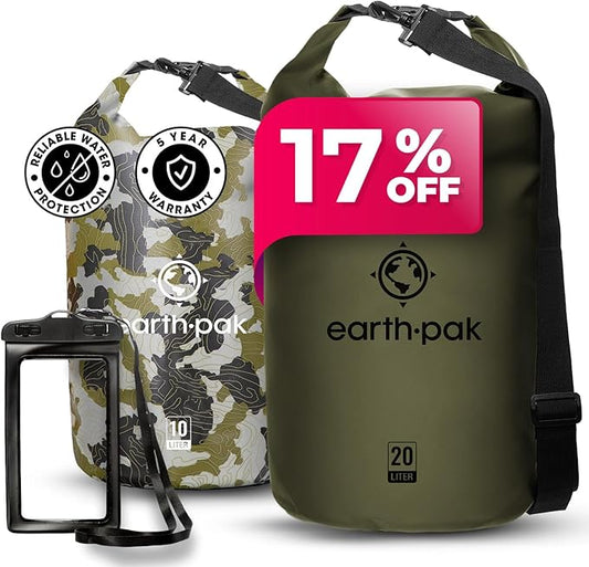 Earth Pak Waterproof Dry Bag - Roll Top Waterproof Backpack Sack (Camo 10L & Forest Green 20L)
