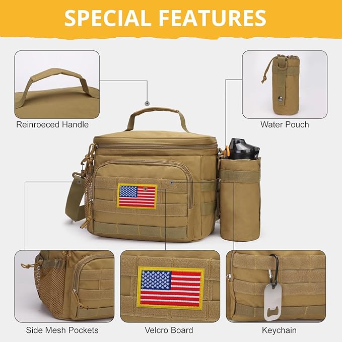 Tactical Lunch Box for Men, Insulated Lunch Bag MOLLE Webbing Leakproof, Cooler Large Lunchbox Women Adult with Adjustable Shoulder Strap Durable, Construction Heavy Duty Lunch Pail, Brown