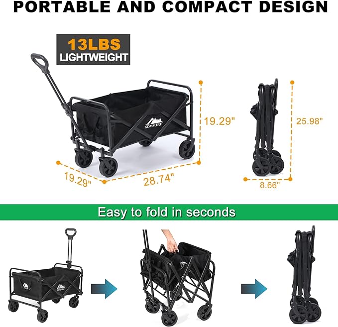 Foldable Utility Wagons Folding Cart on Wheels, Lightweight Portable Folding Utility with 200 lbs Capacity with Side Pockets for Grocery Shopping Cart for Grocery Sports Garden Camping