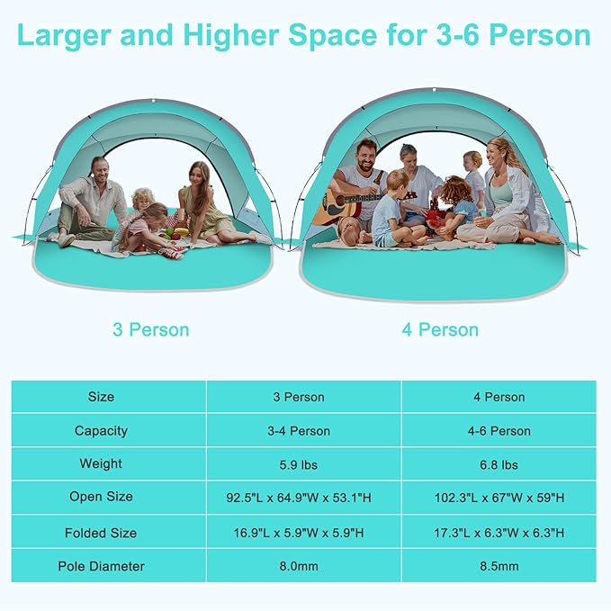 Gorich Beach Tent Sun Shelter with UPF50+ UV Protection for 3-6 Person, Lightweight & Portable Beach Shade Canopy with 2 Zippered Doors, Easy Setup Family Beach Umbrella