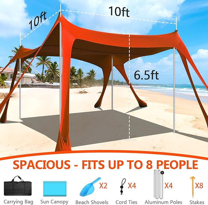 Beach Tent Sun Shelter, 10 x 10 FT Beach Canopy Tent Sun Shade Heavy Duty, UPF50+ Beach Tent Canopy with 8 Sandbags & 4 Stability Poles, Outdoor Beach Shade Canopy for Camping and Fishing, Orange