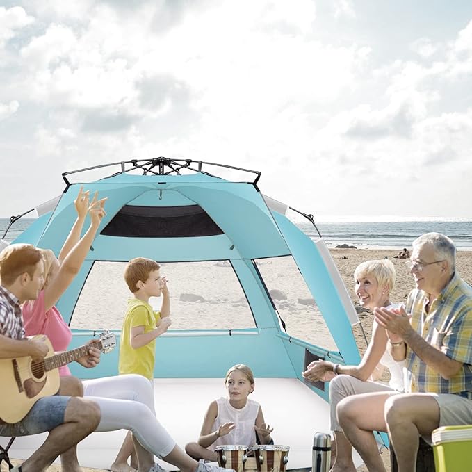 Oileus XX-Large Pop Up Beach Tent Sun Shelter for 5-6 Person Portable Sun Shade Instant Tent for Beach with Carrying Bag, Stakes, 6 Sand Pockets, Anti UV for Fishing Hiking Camping Sky Blue