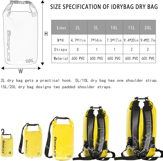 IDRYBAG Dry Bags for Kayaking Waterproof 2L/5L/10L/15L/20L, Small Dry Bag Waterproof Floating, Dry Sack Waterproof Bag for Paddleboarding Travel