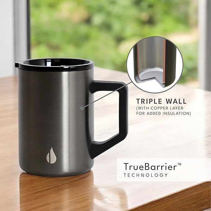 Elemental Insulated Coffee Mug - Triple-Wall Stainless Steel Summit Travel Cup for Hot and Cold Drinks - Thermal Coffee Mug with Lid and Handle for Camping, Office & Travel 16oz - Gunmetal