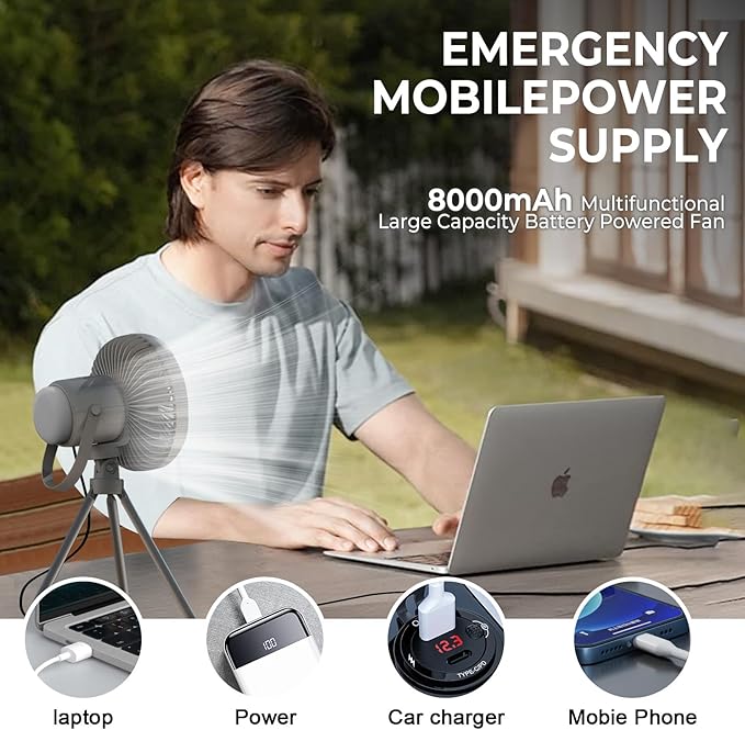 Camping Fan with Removable Lantern, 8000mAh Battery Powered Fan with Hook, Tripod, Outdoor Rechargeable Fan Adjustable 3 Speeds Small Portable Tent Fan for Car Fishing Office Sleep