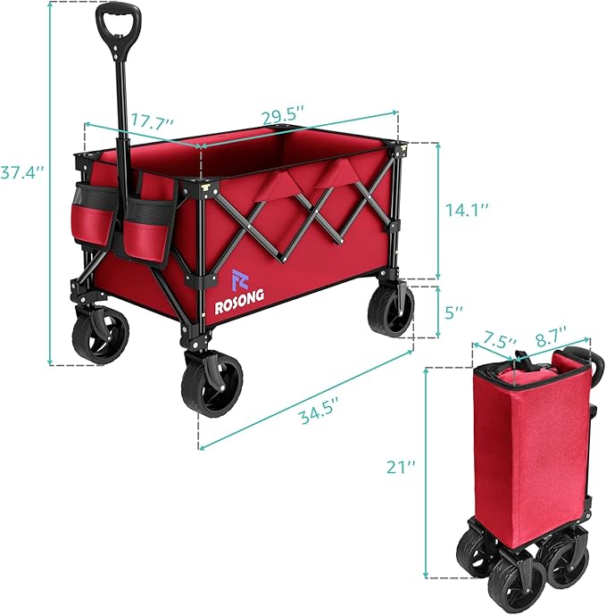 Folding Wagon Cart with Wheels Foldable - Collapsible Wagons Carts Heavy Duty, Fold Up Portable Utility Wagon for Grocery Beach Sports Fishing Camping Shopping Wine red
