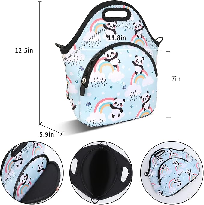 Violet Mist Neoprene Lunch Bag Reusable Insulated Lunch Box with Adjustable Shoulder Strap&Pocket for Women,Men,Adults,Cute Cartoon Panda Snack Bags Anime Animal Work Picnic Travel Tote Food Handbags