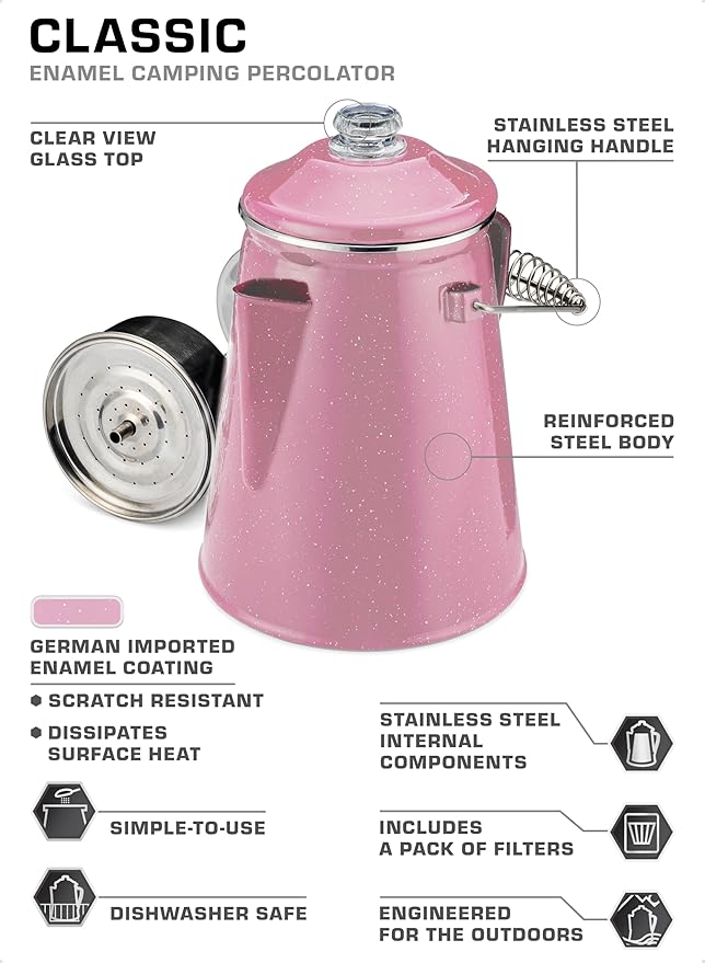 COLETTI Classic Percolator Coffee Pot — Camping Coffee Percolator, Campfire Coffee Pot – Camping Percolator for Groups — Brew for the Whole Campsite (Pink, 12 Cup)