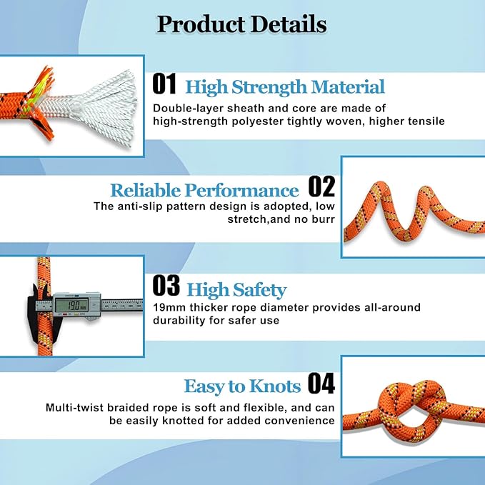 3/4 Inch x 50 Feet Double Braided Arborist Rigging Rope - Heavy Duty Polyester Rope for Tree Work Climbing Swing Nautical Outdoor Adventures, Orange