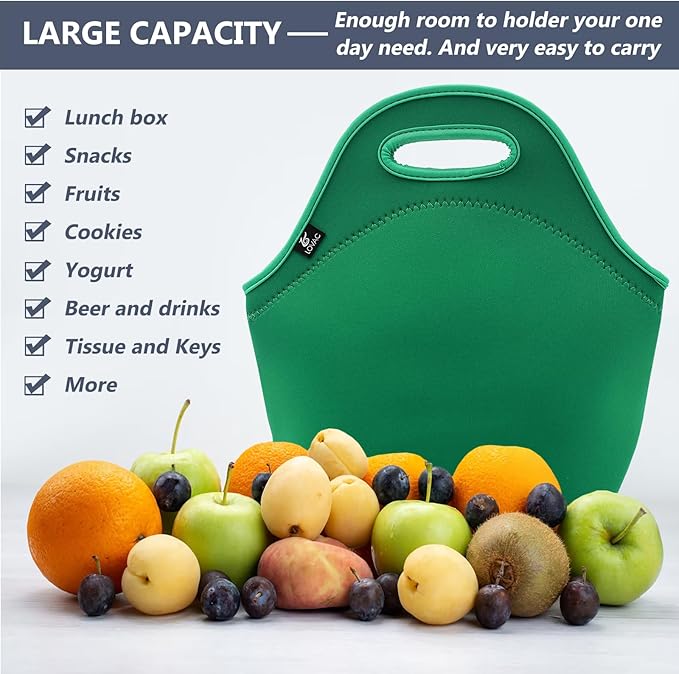 LOVAC Neoprene Lunch Bag, Thick Insulated Lunch Bag - Durable & Waterproof Lunch Tote With Zipper For Outdoor Travel Work (Green)