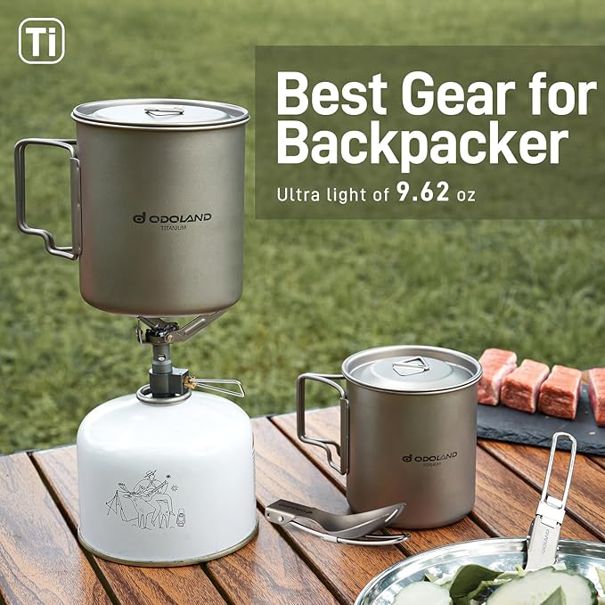 Odoland Titanium Camping Cookware 420ML & 750ML Titanium Pot with Lid and Spork Lightweight Camping Pot for Backpacking Hiking Traveling and Picnic