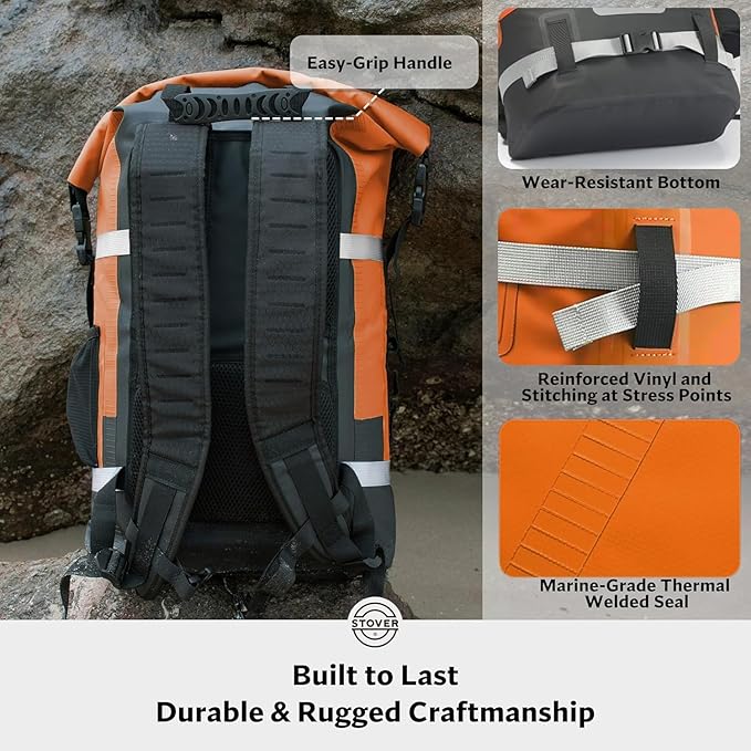 STOVER 5/10/25/30/40/55L Waterproof Dry Backpack & Phone Case- Large Floating Dry Bag for Kayaking, Travel, Hiking, Fishing, Camping, Motorcycles & Beach, Heavy-Duty Roll Top Men/Women (Orange)