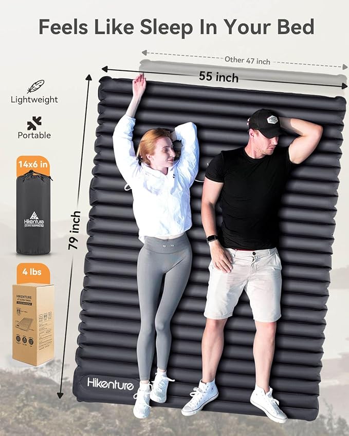 Hikenture Double Sleeping Pad for Camping, 4" Extra-Thick Camping Mattress 2 Person, Inflatable & Ultralight Sleeping Mat for Backpacking, Hiking (Grey Foot Pump, Full XL)