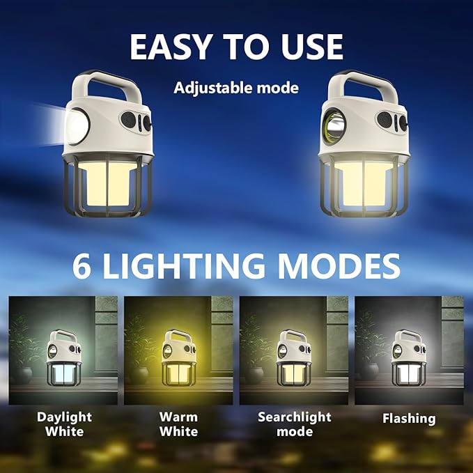 LED Camping Lantern Rechargeable, Portable LED Battery Powered Camping Light, Waterproof Tent Light with 6 Light Modes, 2400mAh Power Bank Lantern Flashlight for Hiking, Hurricane Emergency