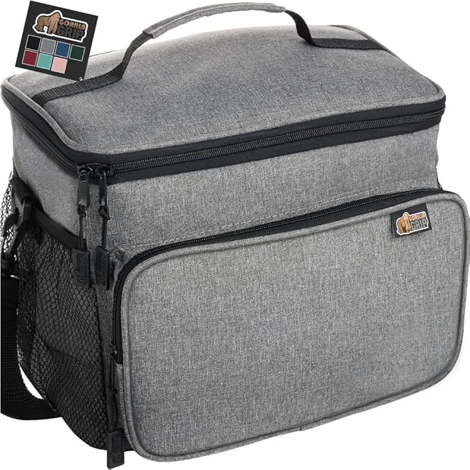 GORILLA GRIP Reusable Insulated Lunch Box Bag for Women Men,15L, Leakproof XL Soft Cooler Bags, Multiple Compartments, Mesh Pockets and Adjustable Strap, Food Tote Keeps Drinks Cold, 13x9, Light Gray