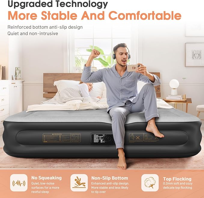 King Air Mattress with Built in Pump,15''Blow up Mattress 2 Mins Self-Inflation/Deflation,Thicker Inflatable Mattress Leak-Proof,Flocked Top Air Bed with Storage Bag for Home, Camping & Guests