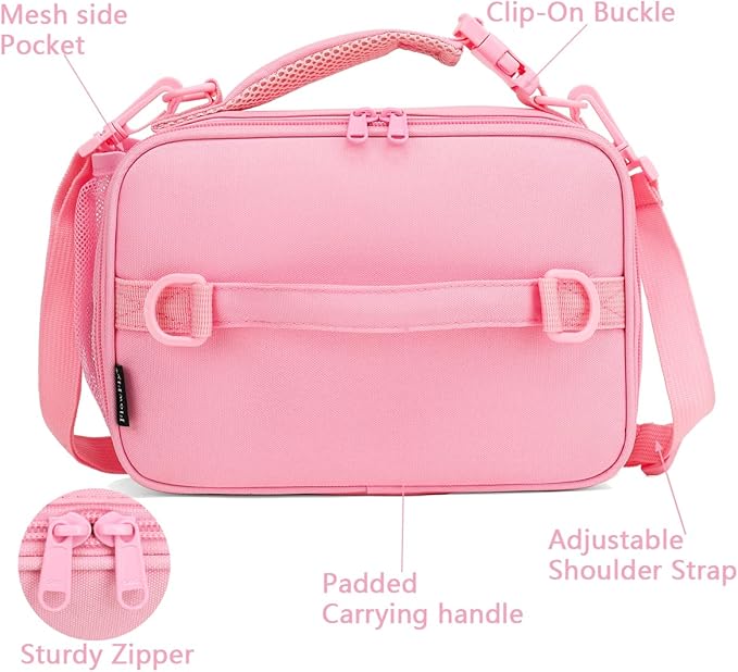 FlowFly Kids Lunch Bag, Durable Insulated School Lunch Box with Shoulder Strap and Bottle Holder, Water-resistant Thermal Small Lunch Cooler Tote for Teen Boys & Girls,Pink