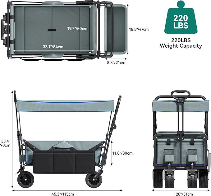 YITAHOME Large Collapsible Garden Cart w/Removable Canopy, Heavy Duty Outdoor Foldable Garden Cart w/Rear Storage and Flexible Swivel Wheels for Shopping, Picnic, Camping, Sports,Grey