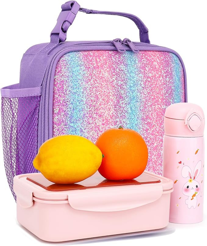 FlowFly Lunch box Insulated Soft Bag Mini Cooler Back to School Thermal Meal Tote Kit for Girls, Boys,Purple#Glitter