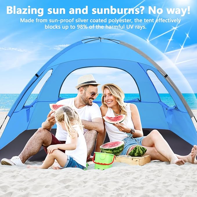 NXONE Beach Tent Sun Shade Shelter for 4 Person with UV Protection, Extended Floor, 3 Mesh Roll Up Windows & 8.5mm Fiberglass Rods丨Carry Bag Included (Sky Blue)