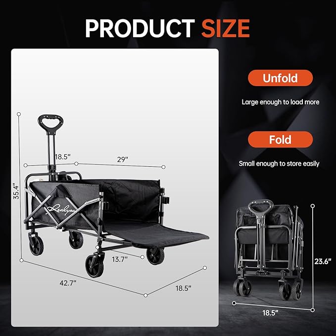 Collapsible Wagon Cart Foldable with All-Terrain Wheels, Foldable Wagon with Flexible Handle, Portable Folding Utility Grocery Shopping Cart for Grocery Sports Garden Camping