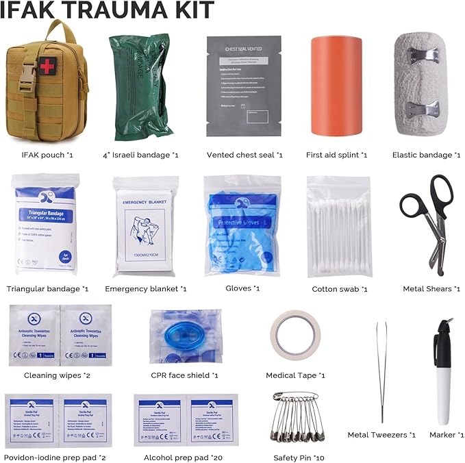 IFAK Trauma First Aid Kit Molle Pouches Emergency Survival Kit for Tactical Military Car Travel Hiking Camping with Vented Chest Seal, Israeli Bandage, Splint, Thermal Blanket, Gloves