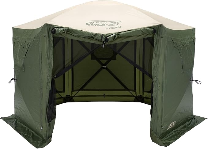 CLAM Pop Up Screen Tent, Outdoor Camping Gazebo Canopy, Pavilion, 12.5', Green/Tan