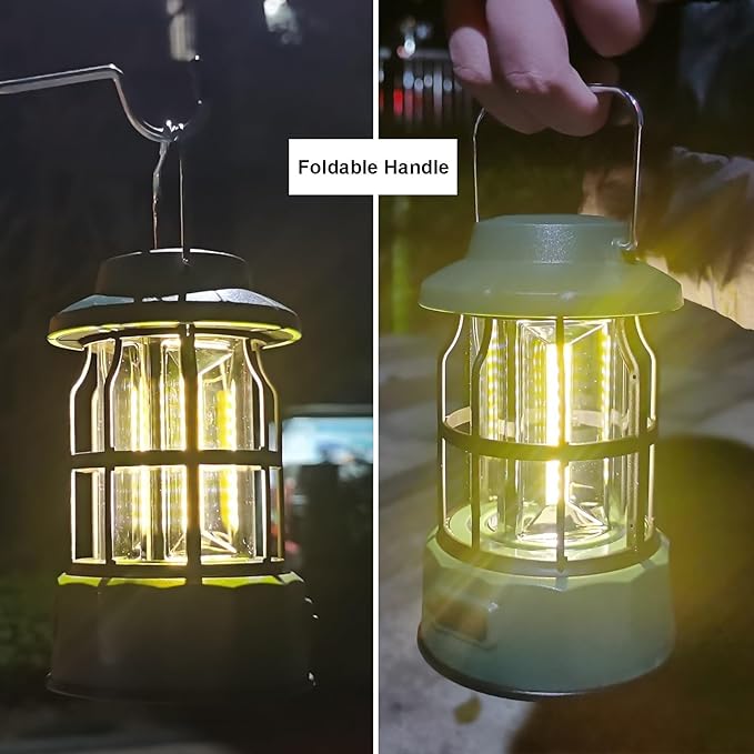 Camping Lantern Vintage Camp Light Dimmable USB C Rechargeable Portable Hanging Tent Retro COB Lights for Power Outages, Survival, Hiking, Bar (5.4 in Height, Green)