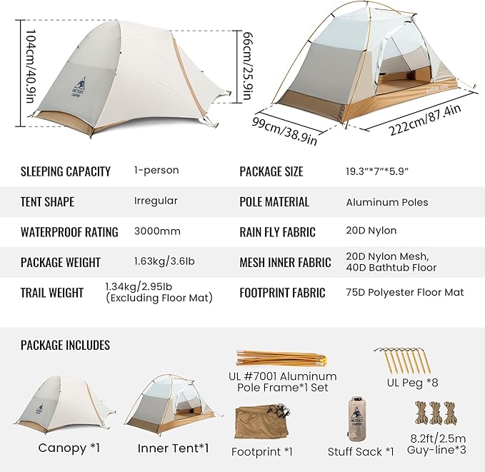 OneTigris Mona Ultralight 1 Person Tent, 3 Season Tent Waterproof for Camping Hiking Backpacking Trekking 3000mm Waterproof